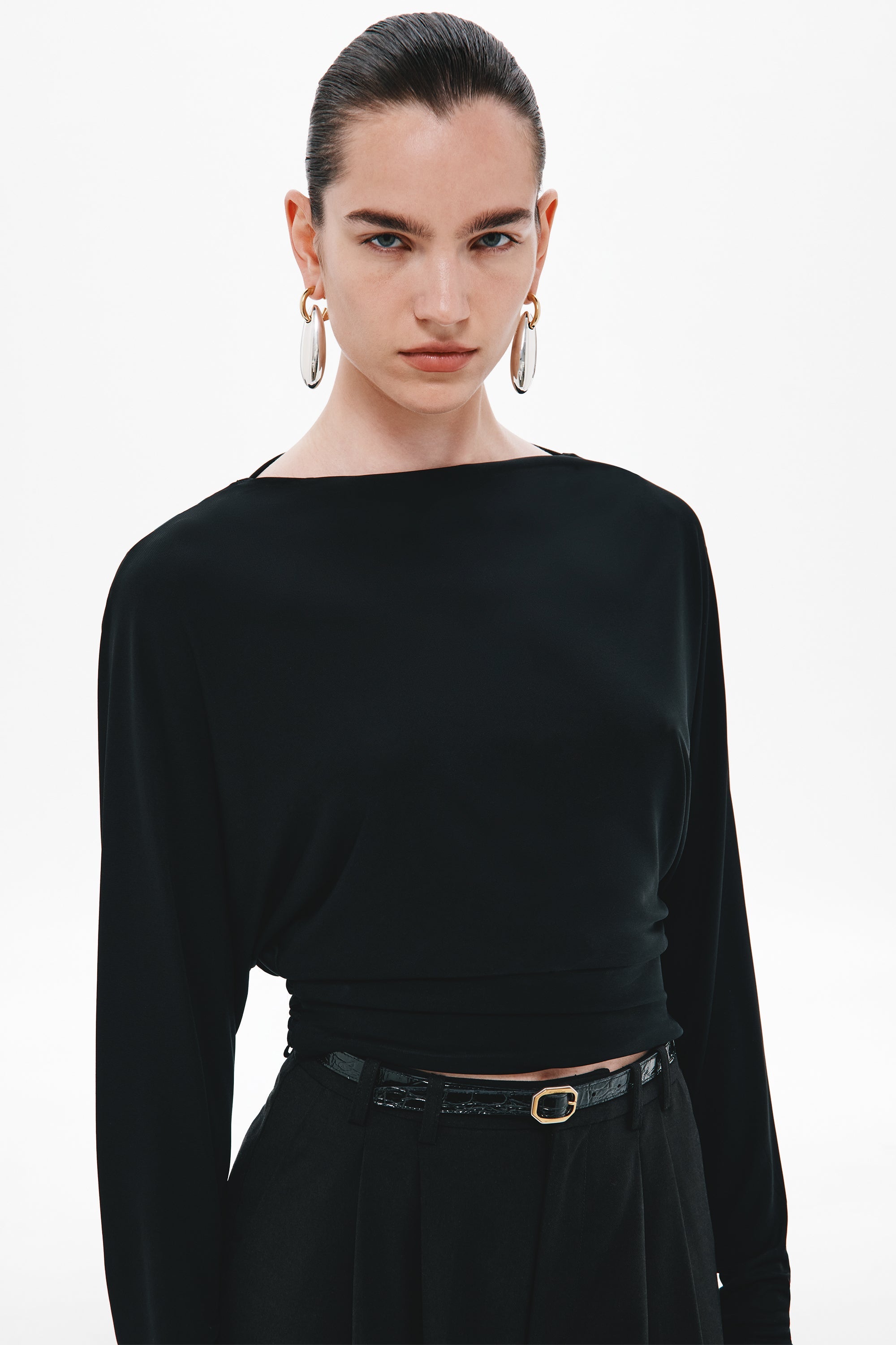Black long-sleeve jersey top with crew neckline