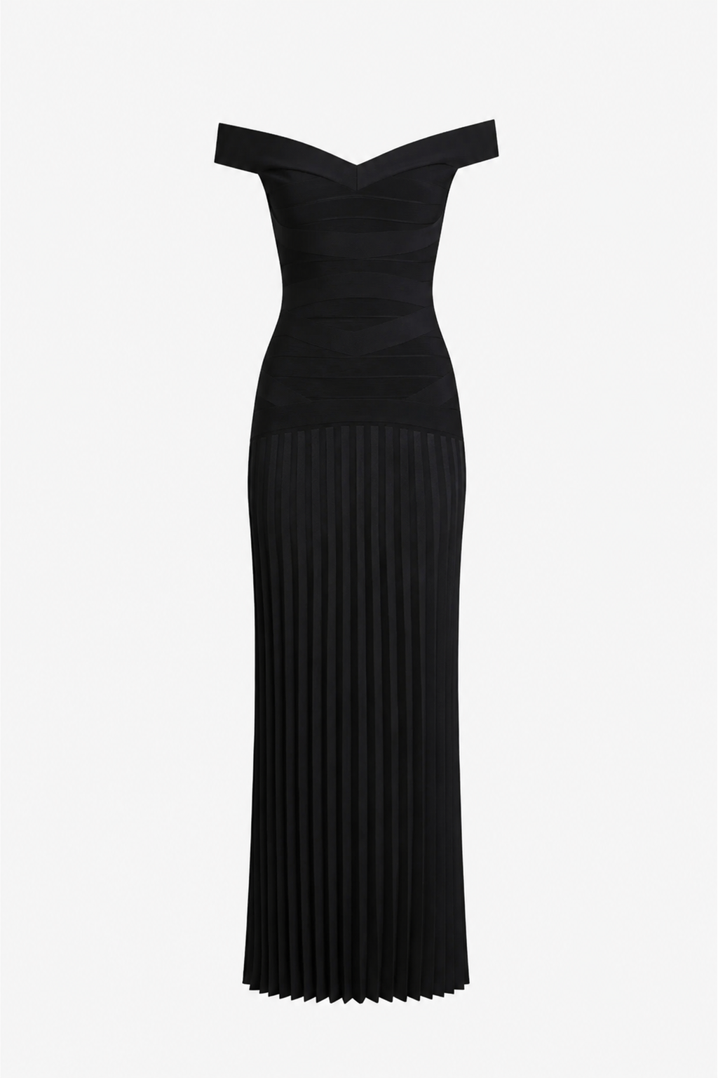 Black bandage knit maxi dress with off-shoulder neckline and ribbed column skirt
