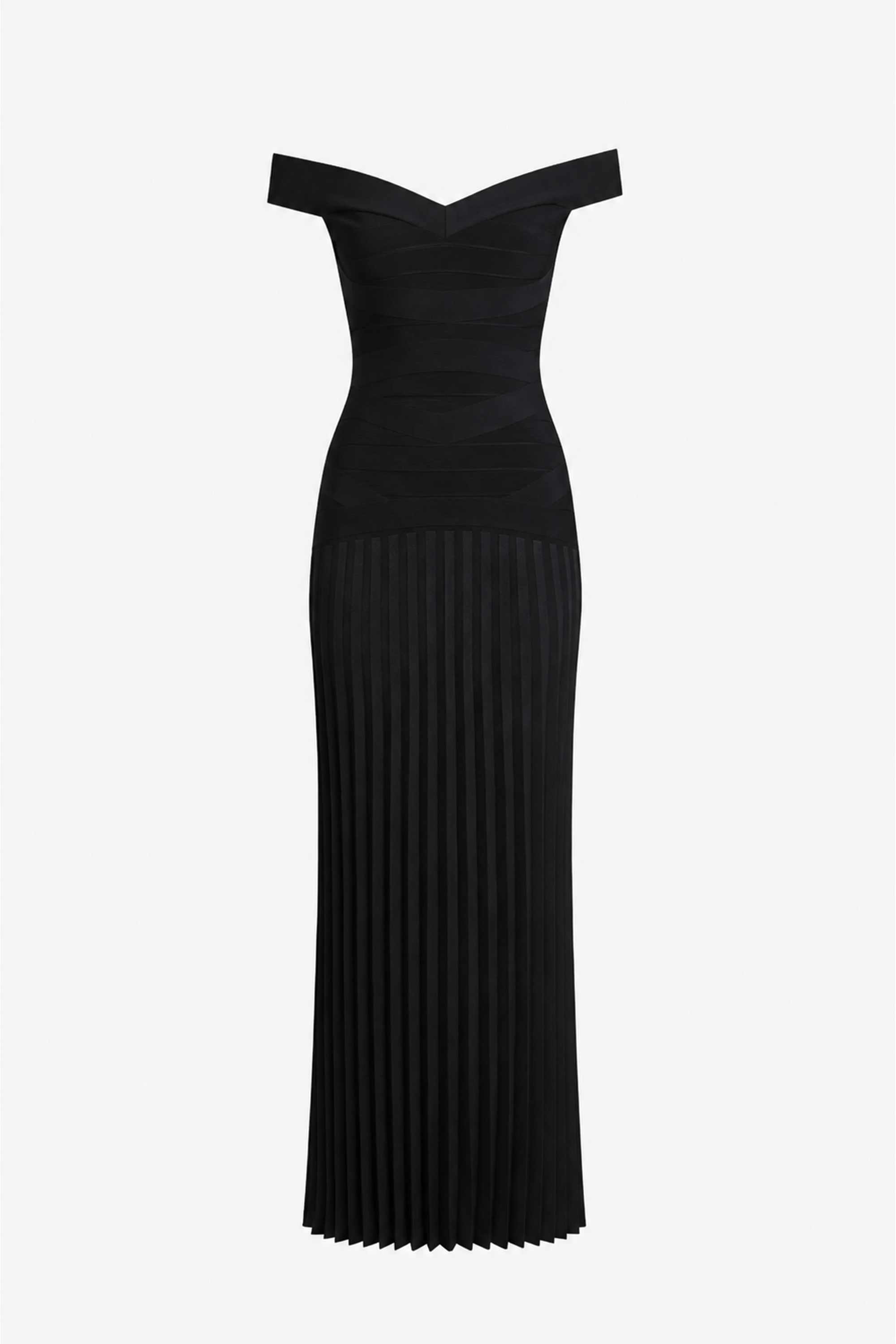 Black bandage knit maxi dress with off-shoulder neckline and ribbed column skirt