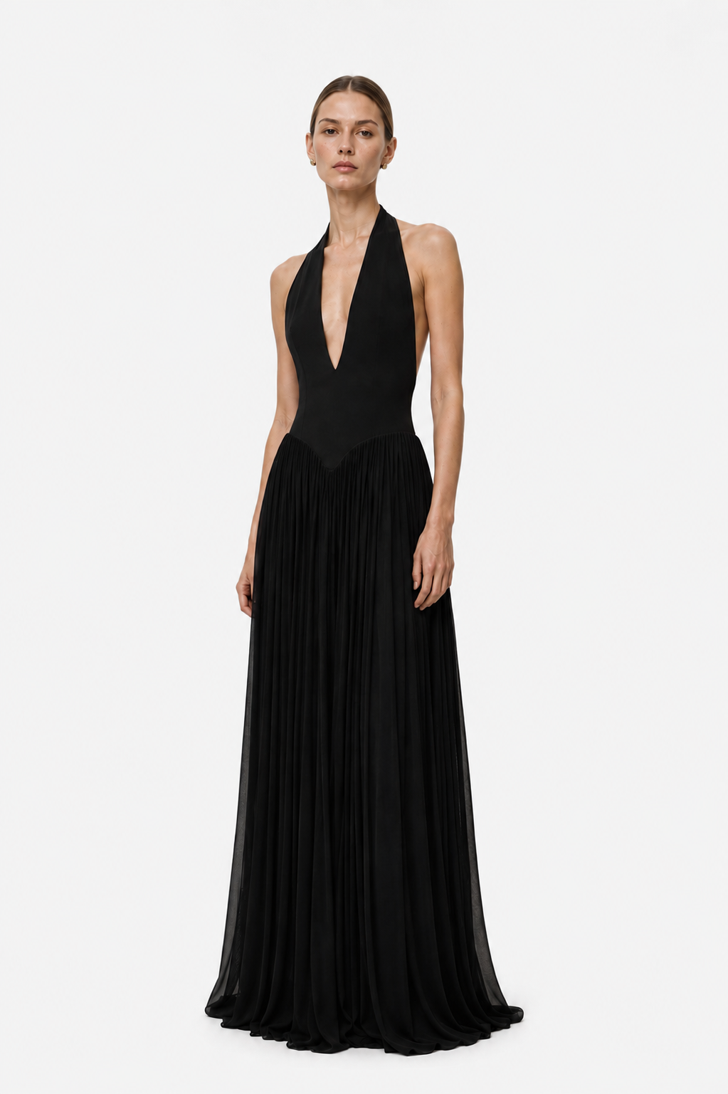 Black halter jersey maxi dress with pleated skirt and draped V-neck