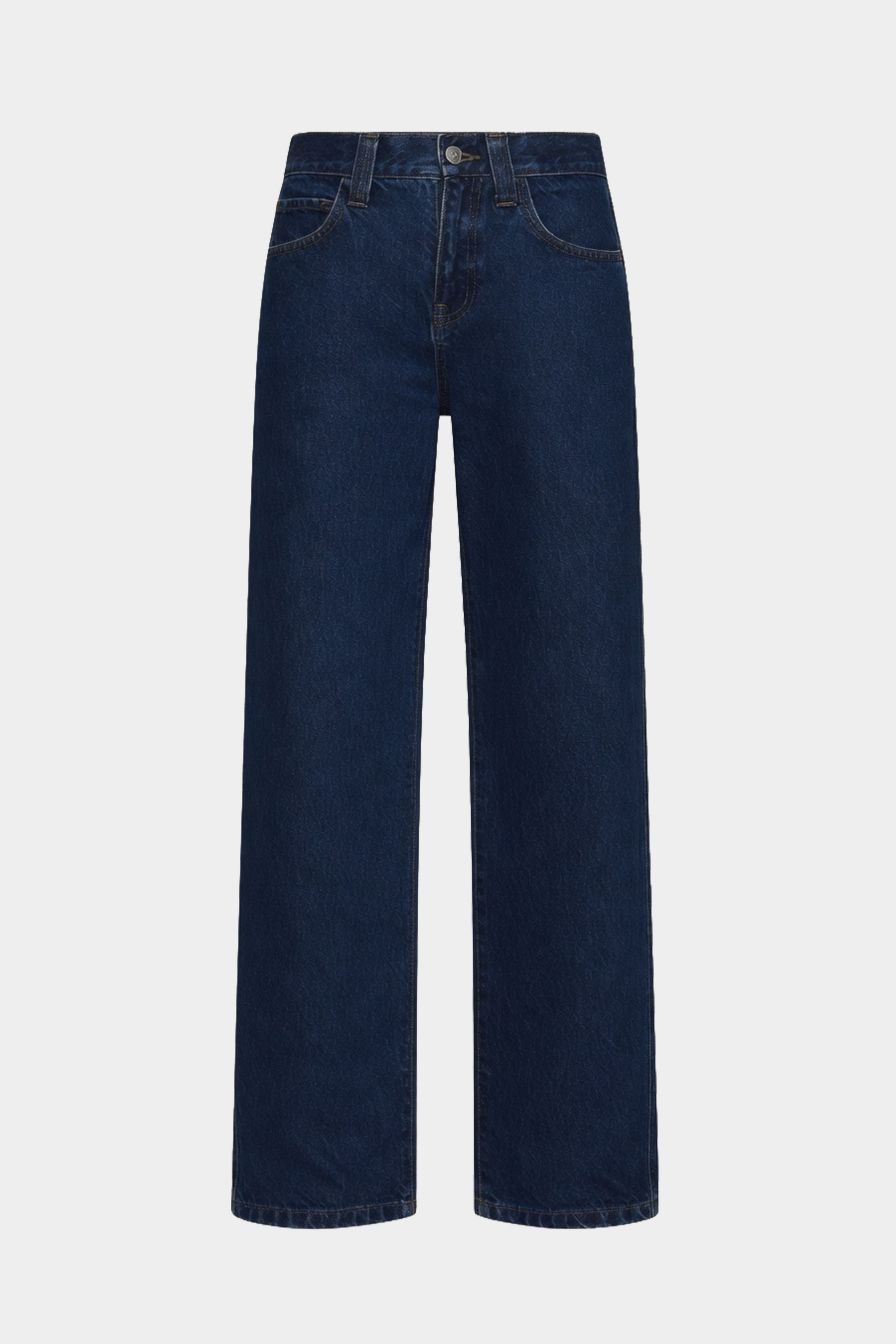 Vintage blue wide-leg denim jeans, straight wide leg with button-and-zip closure