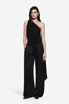 Black wide-leg acetate pants with high waist and front pockets