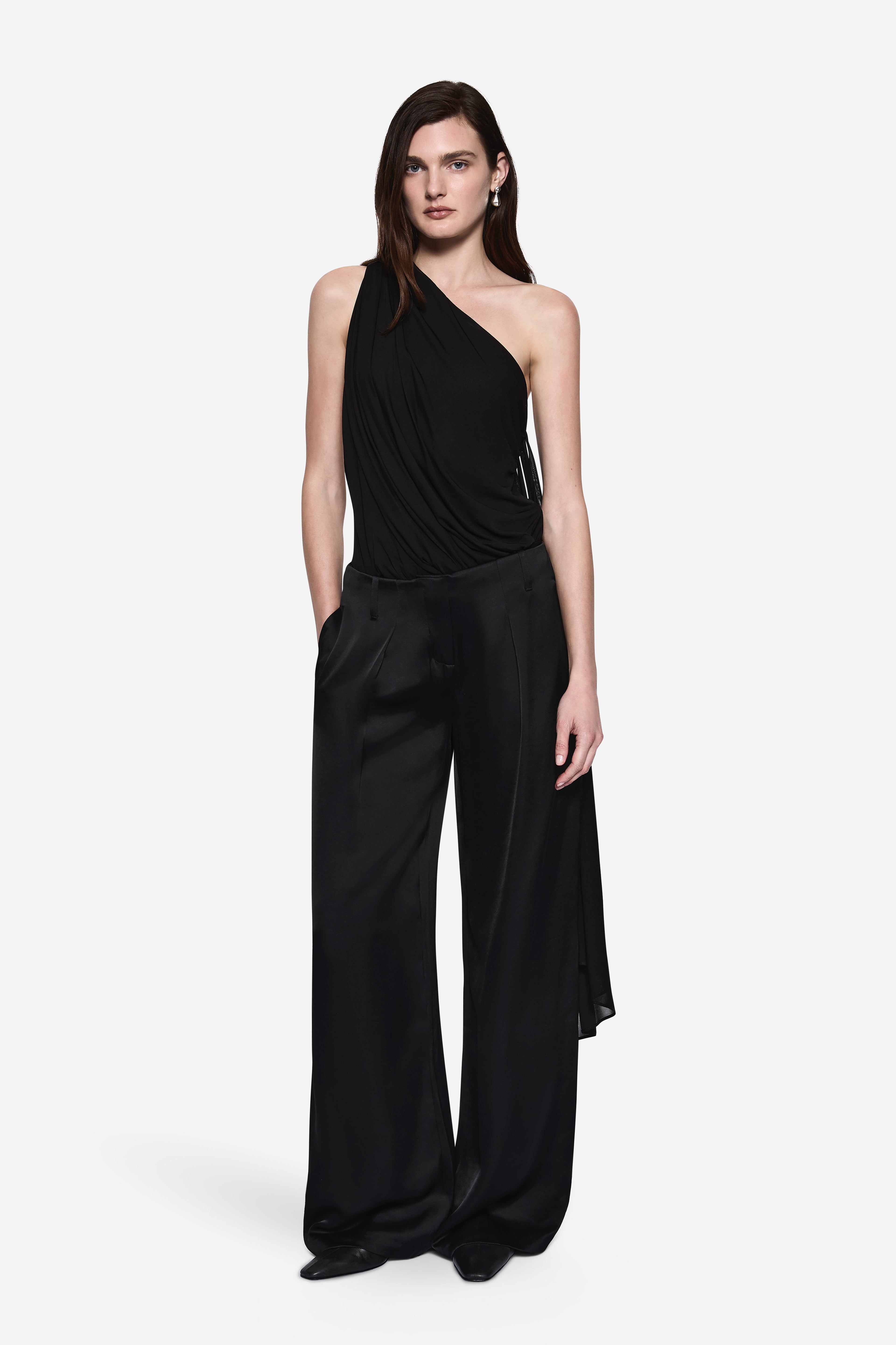 Black wide-leg acetate pants with high waist and front pockets