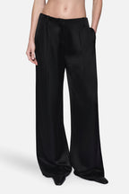 Black wide-leg acetate pants with high-rise waist, front pockets, and relaxed drape
