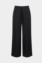 Black wide-leg acetate pants, flat lay front view with center crease and pockets