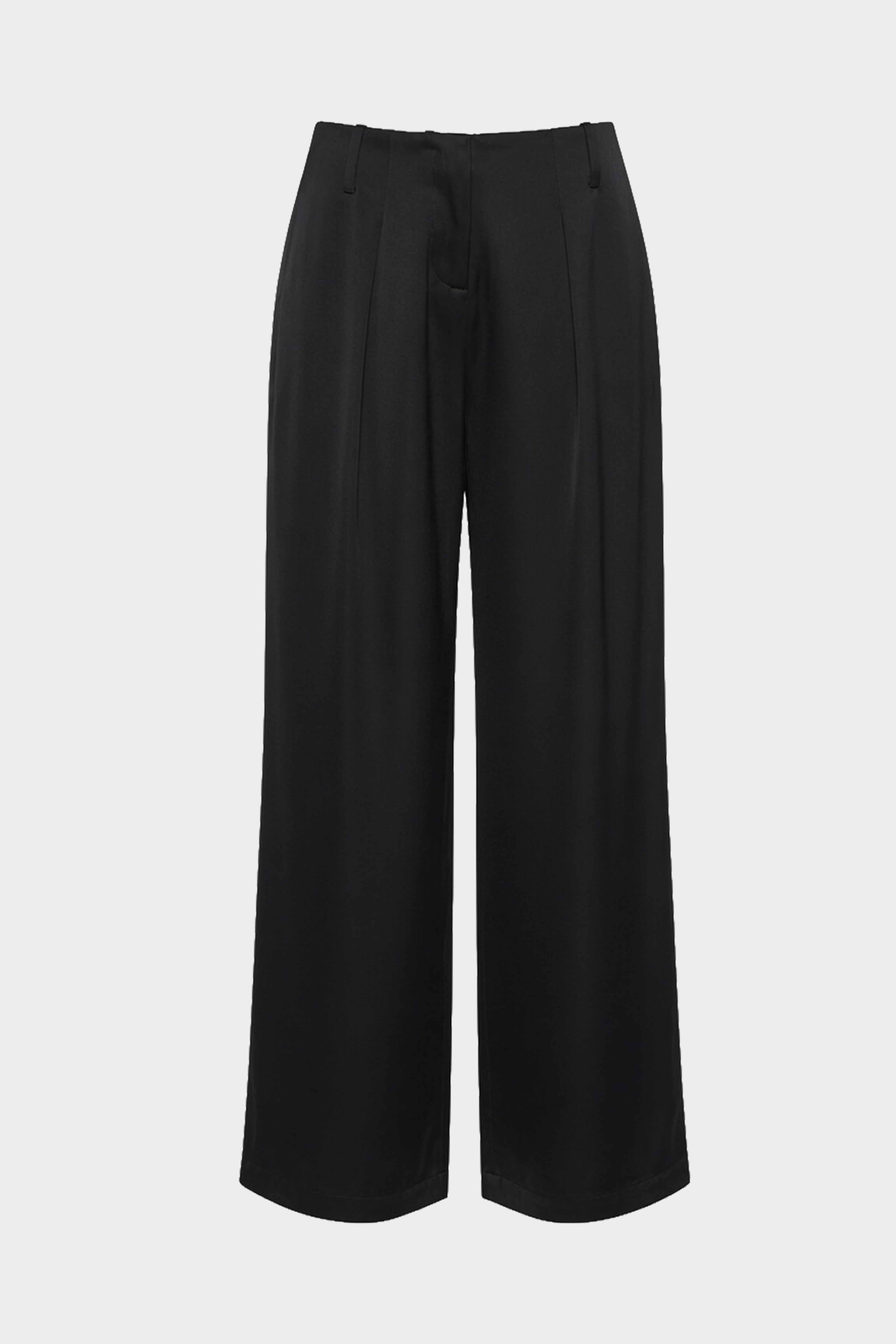 Black wide-leg acetate pants, flat lay front view with center crease and pockets