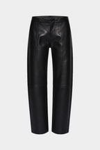 Black leather high-rise wide-leg pants with straight legs and front button closure