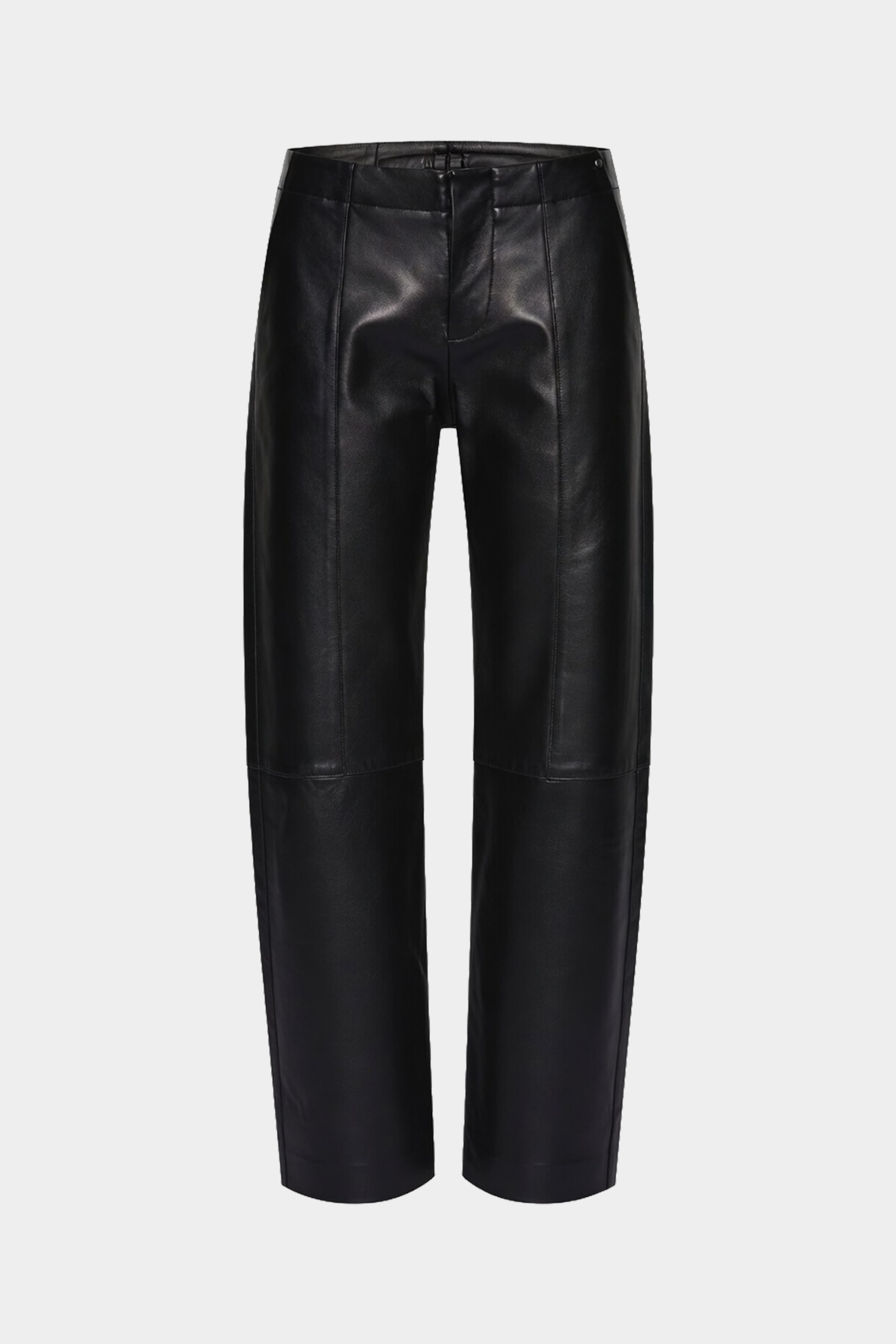Black leather high-rise wide-leg pants with straight legs and front button closure