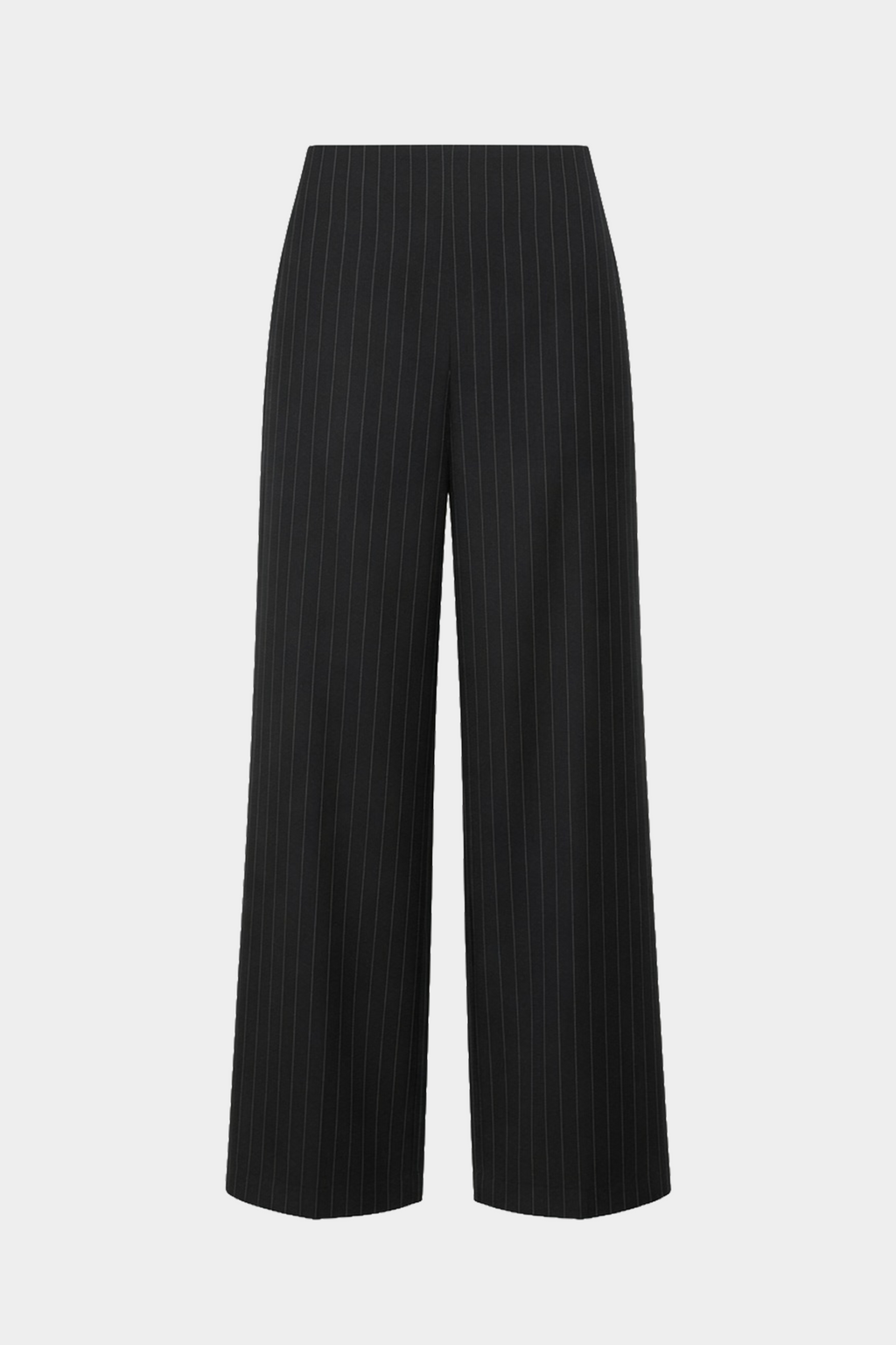 Flat lay of charcoal wool pinstripe tailored pants with wide legs