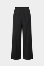 Flat lay of charcoal wool pinstripe tailored pants with wide legs