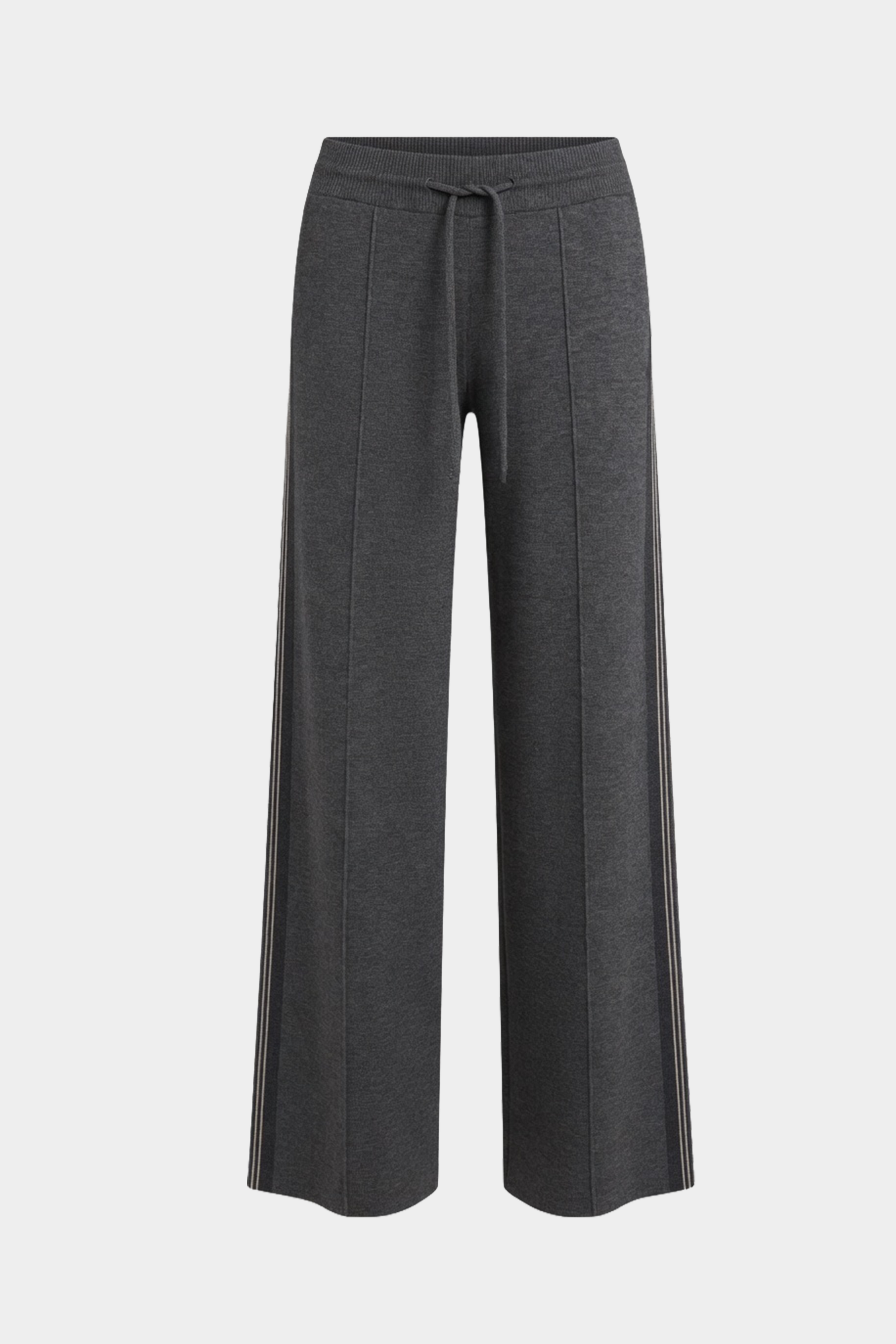 Grey marle merino knit pants flat lay, drawstring waist and wide-leg silhouette