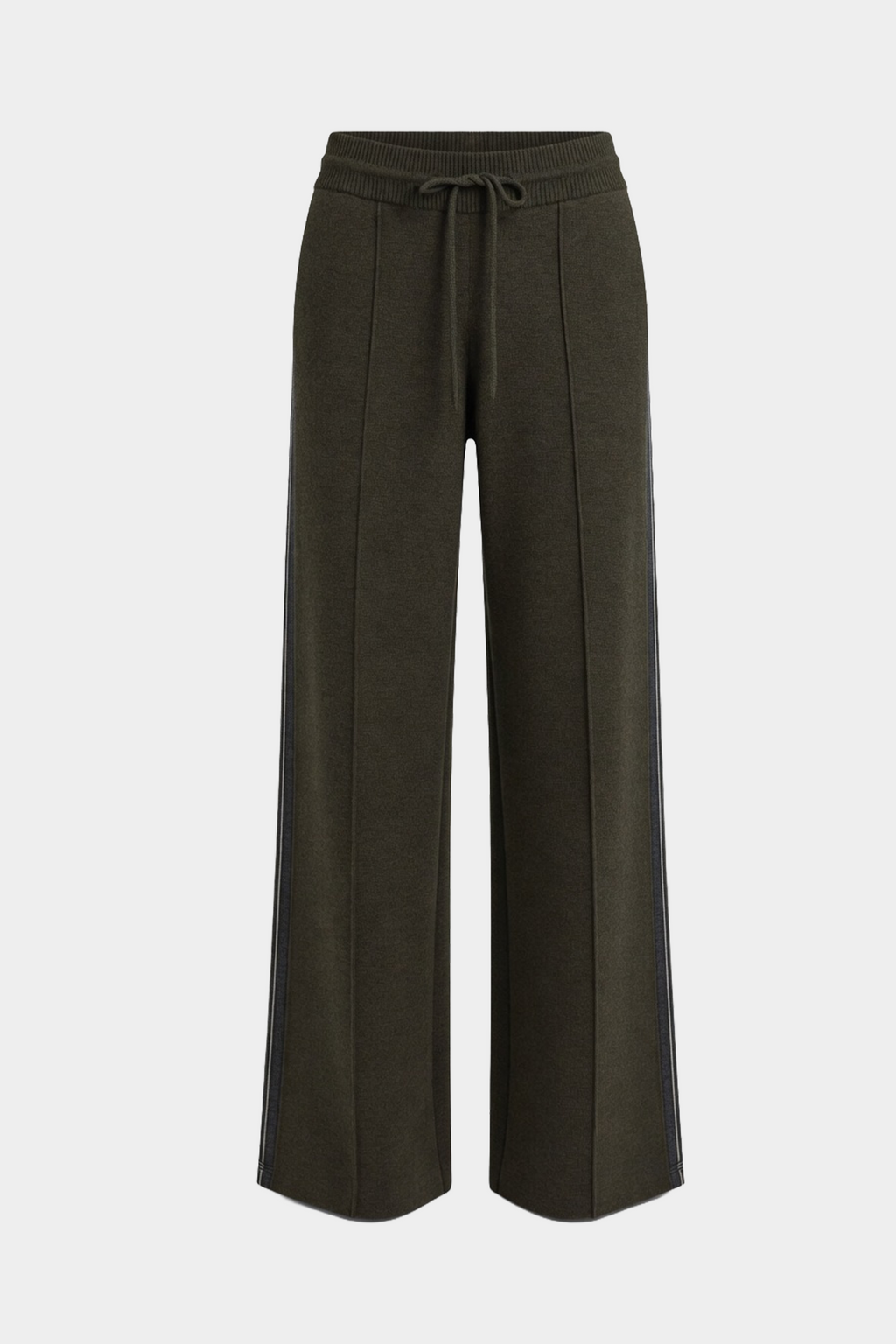 Merino knit pants flat lay in dark hunter green with drawstring waist, wide legs