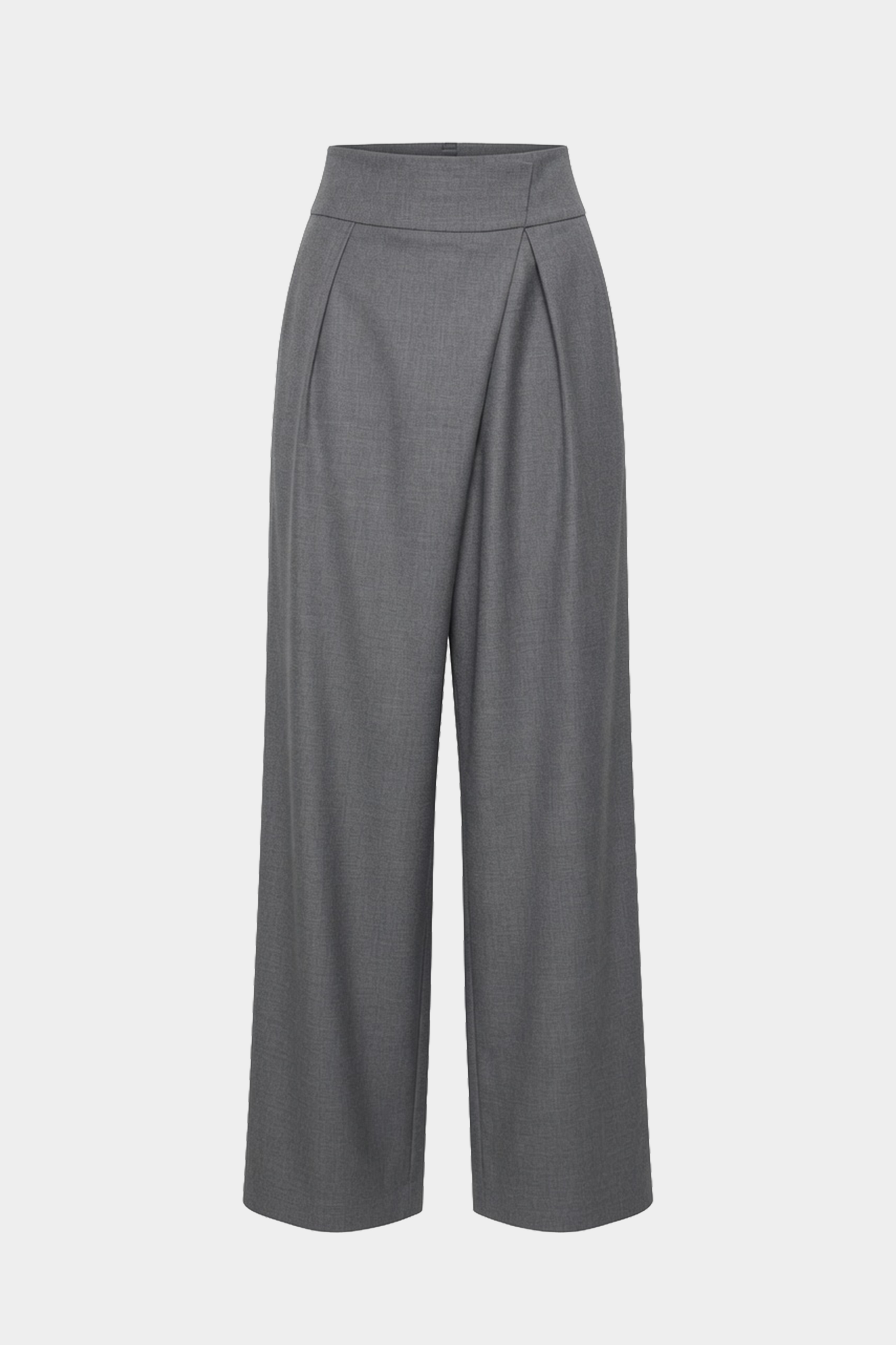 Grey wrap-front wide-leg suiting pants with pleated front