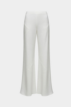 Ivory silk bias pants, flat front view with wide bell legs and sculpted panel seams
