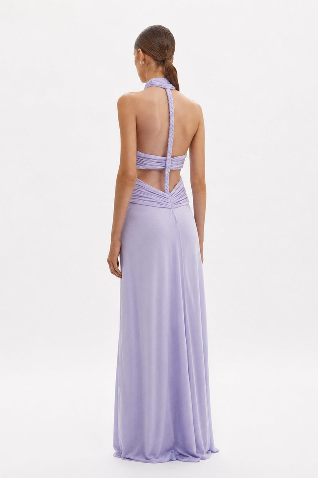 Lilac backless maxi dress with crisscross straps and braided halter neckline