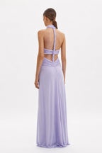 Lilac backless maxi dress with crisscross straps and braided halter neckline