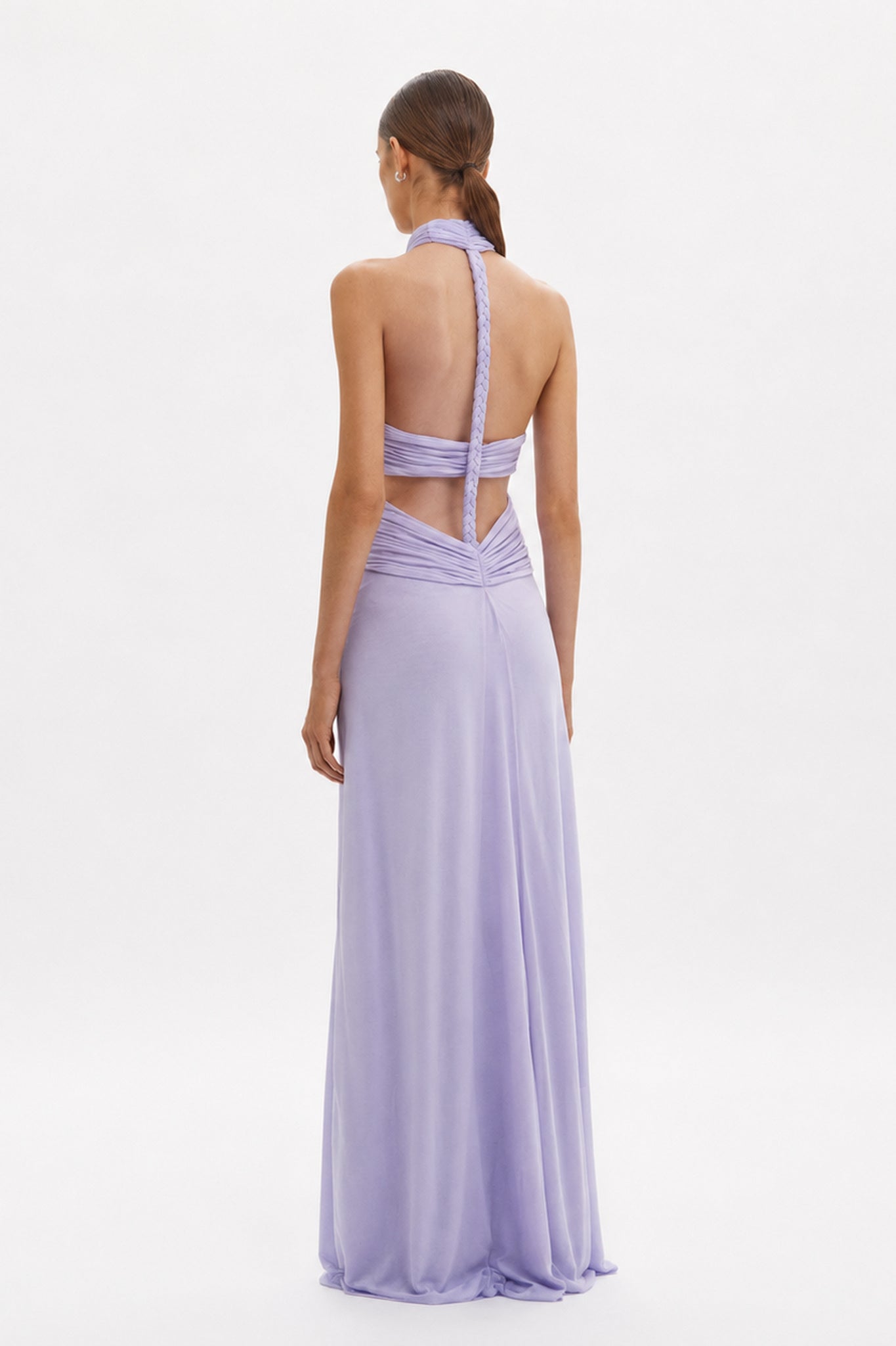 Lilac backless maxi dress with crisscross straps and braided halter neckline