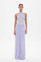 Lilac halter braid detail maxi dress with crisscross drape at bodice