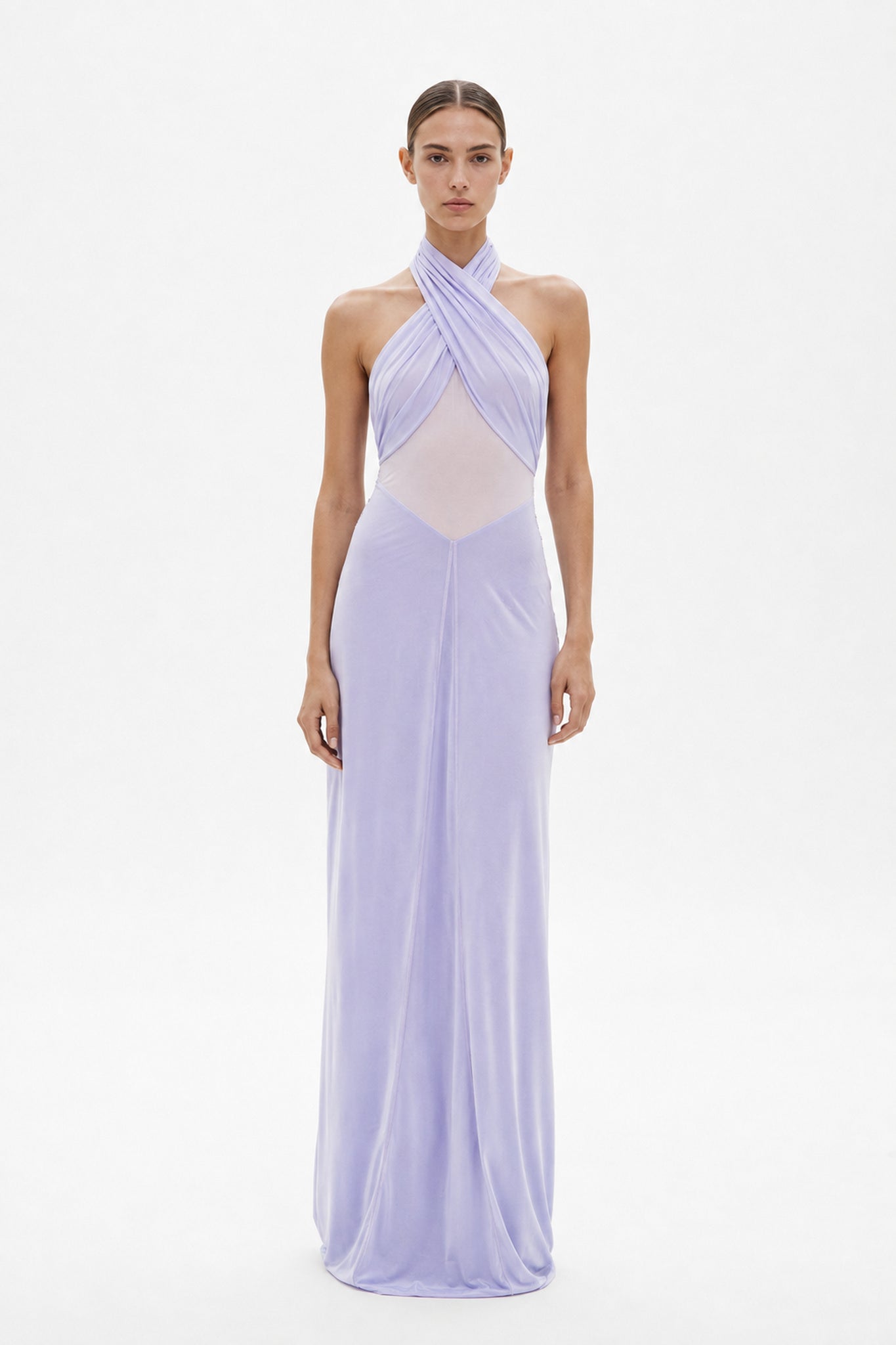 Lilac halter braid detail maxi dress with crisscross drape at bodice