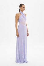 Lilac halter maxi dress with diagonal braid drape and open back
