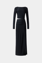Black long-sleeve jersey dress with ruched waist seam and side slit hem