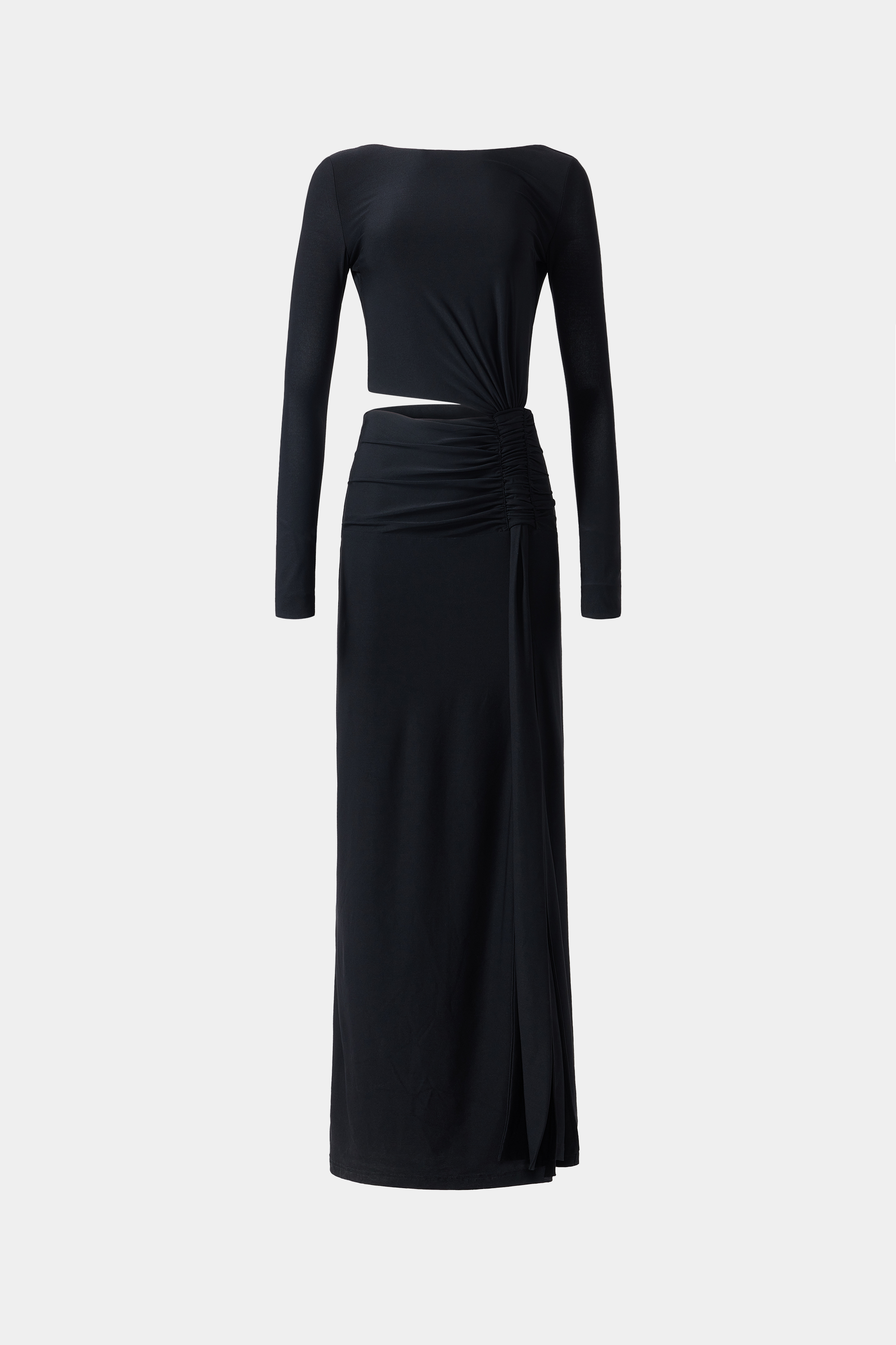 Black long-sleeve jersey dress with ruched waist seam and side slit hem