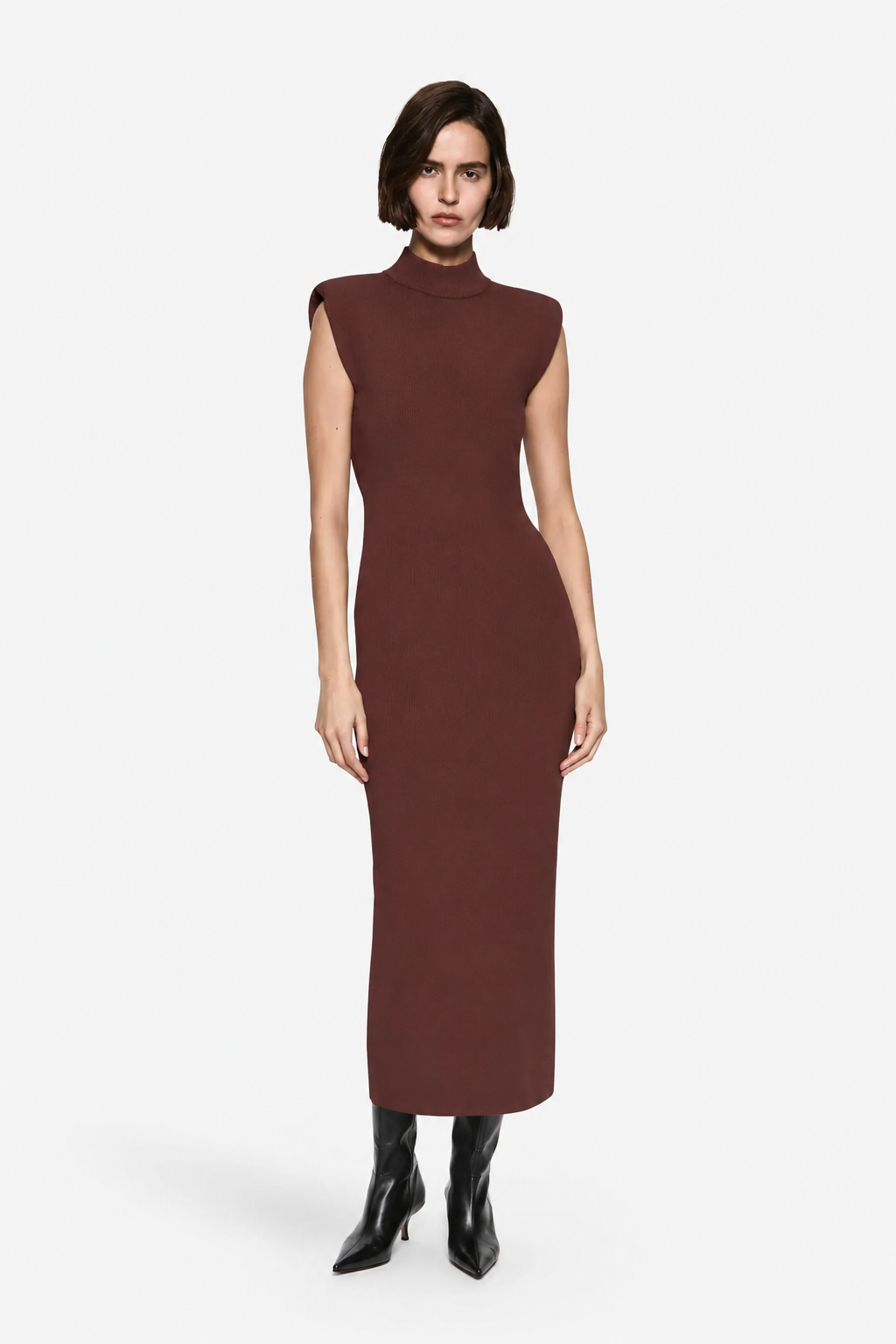 Bitter chocolate brown sleeveless knit midi dress with padded shoulders and mock neck