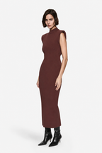 Fitted bitter chocolate brown sleeveless knit midi dress with padded shoulders and mock neck