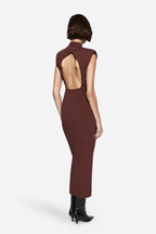 Bitter chocolate brown sleeveless knit midi dress with padded shoulders, open back