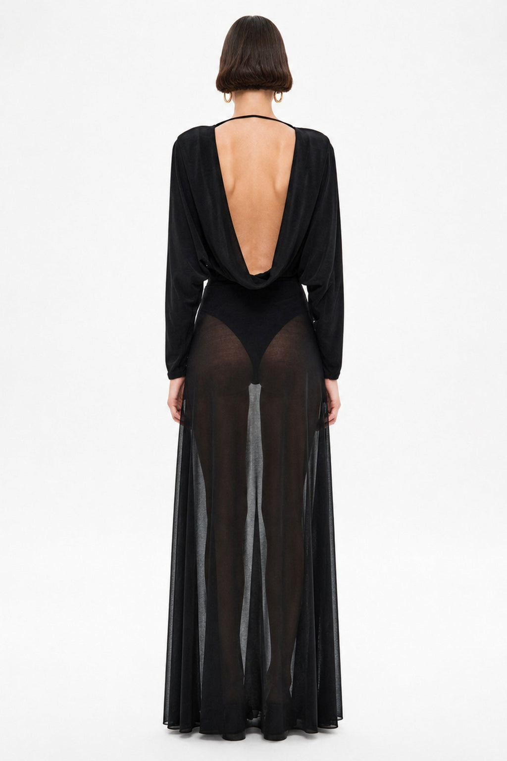Black stocking dress with deep V open back and sheer panel skirt