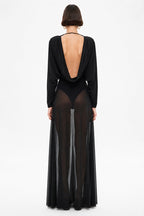 Black stocking dress with deep V open back and sheer panel skirt