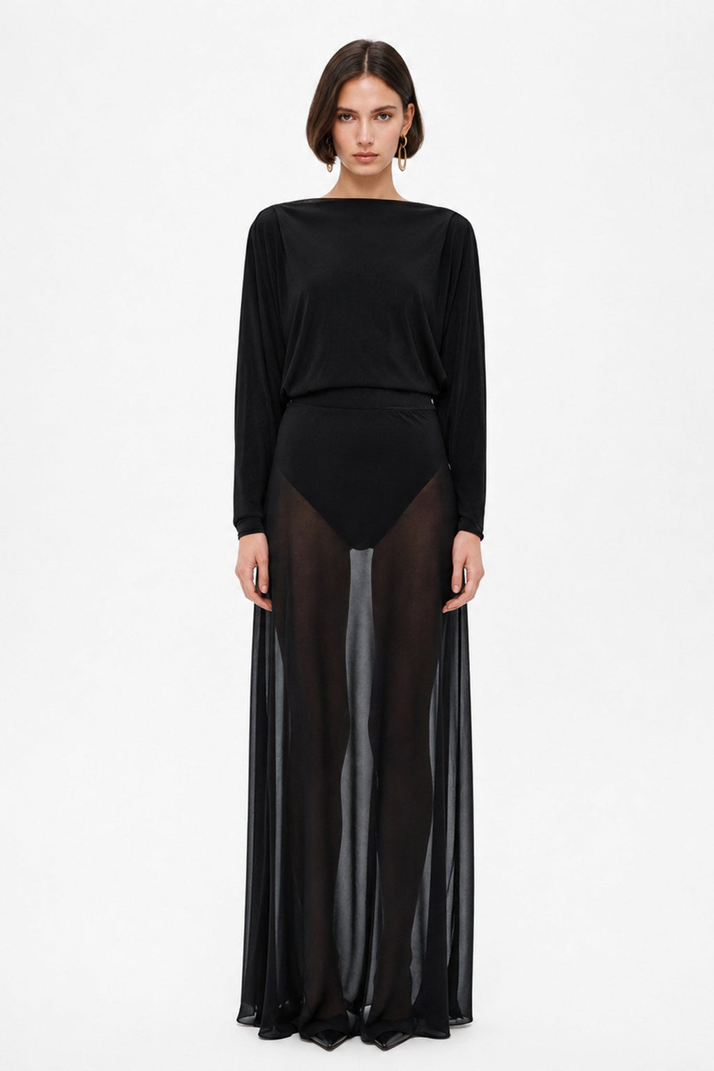 Black floor-length dress with sheer long sleeves and skirt