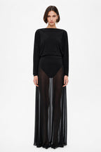 Black floor-length dress with sheer long sleeves and skirt