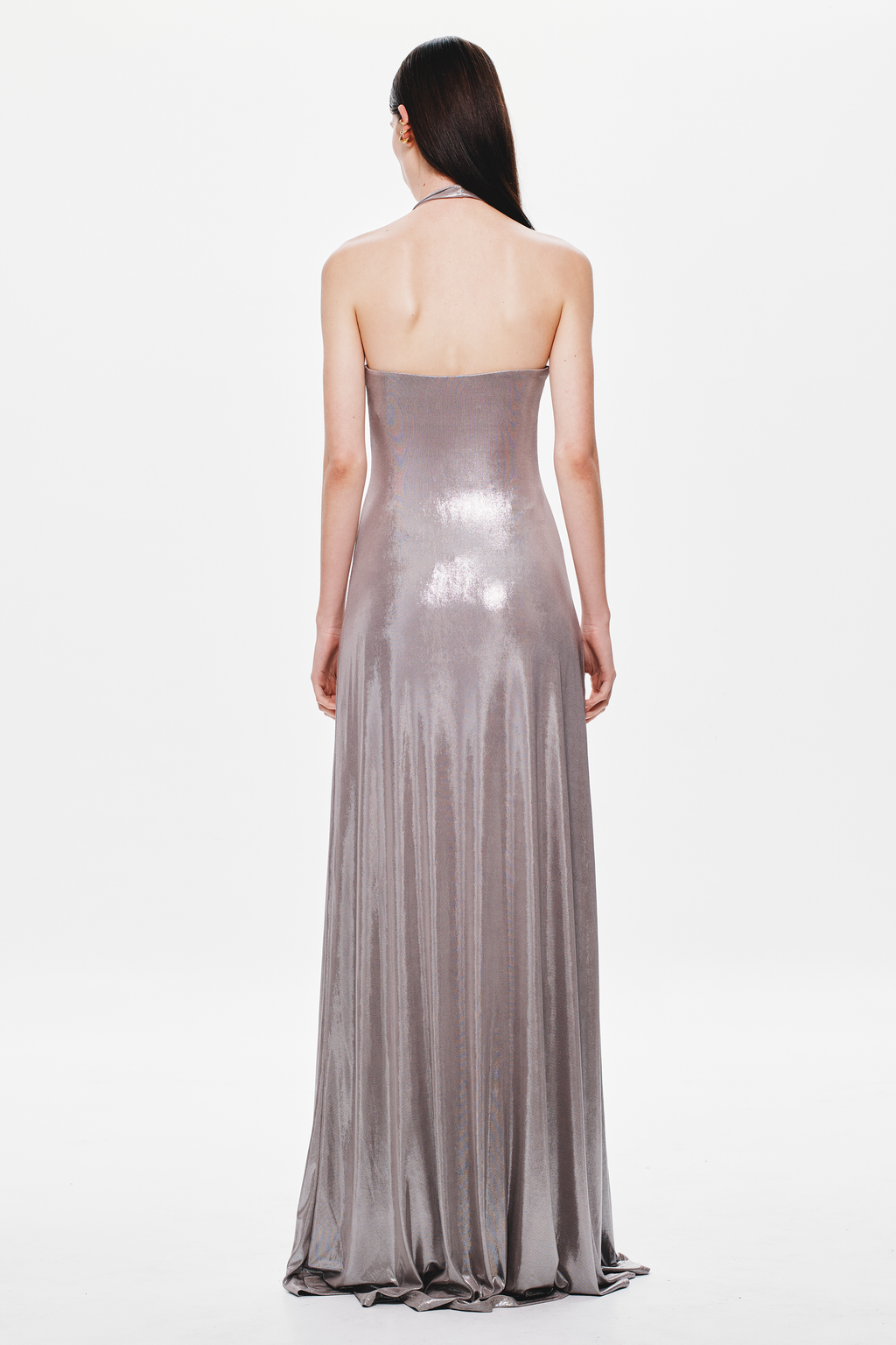 Backless metallic cinder jersey maxi dress with straight open back and fitted silhouette