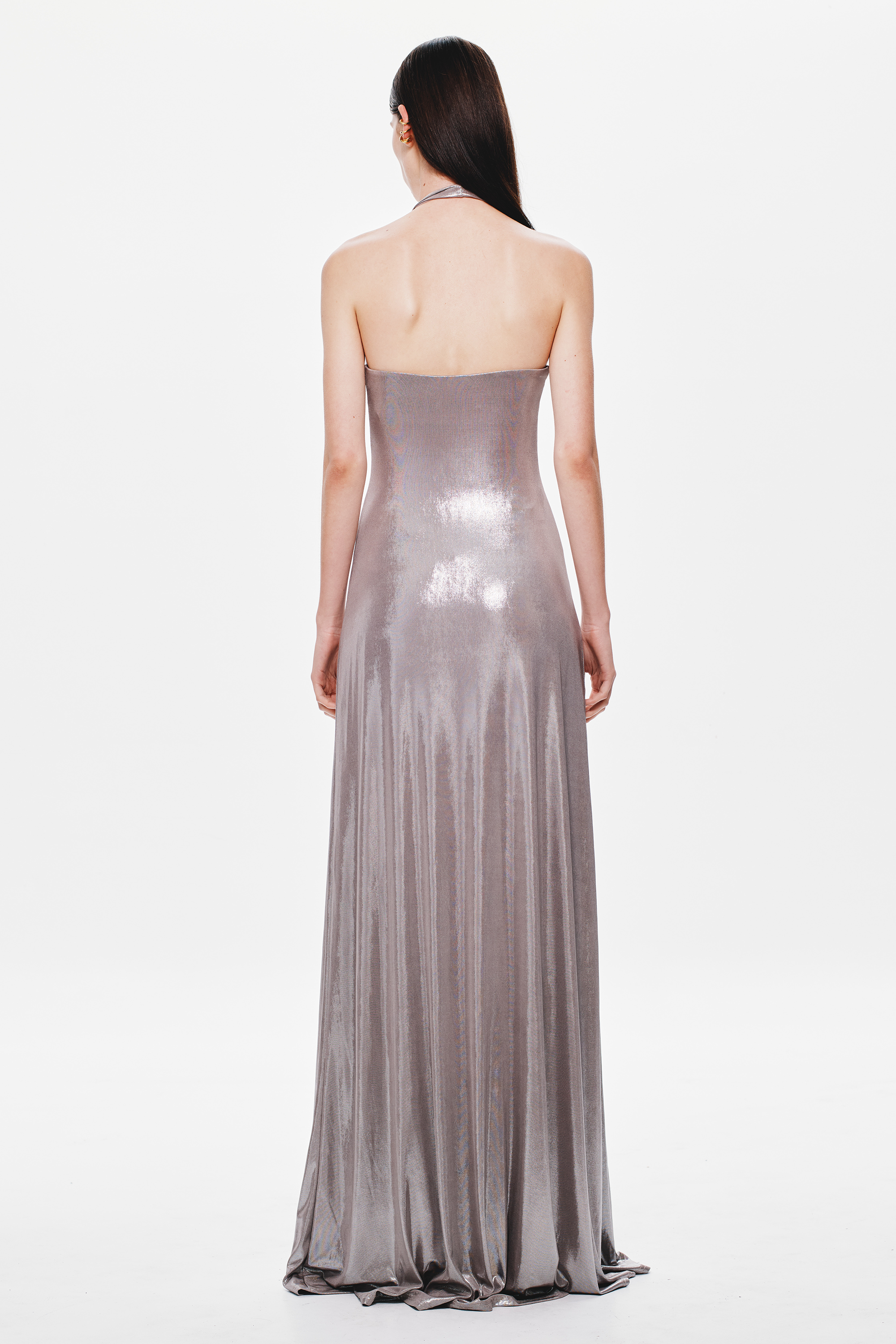 Backless metallic cinder jersey maxi dress with straight open back and fitted silhouette