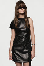 Black one-shoulder leather mini dress with ruched front and side tie