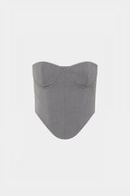 Grey suiting bustier with strapless sweetheart neckline, structured corset seams