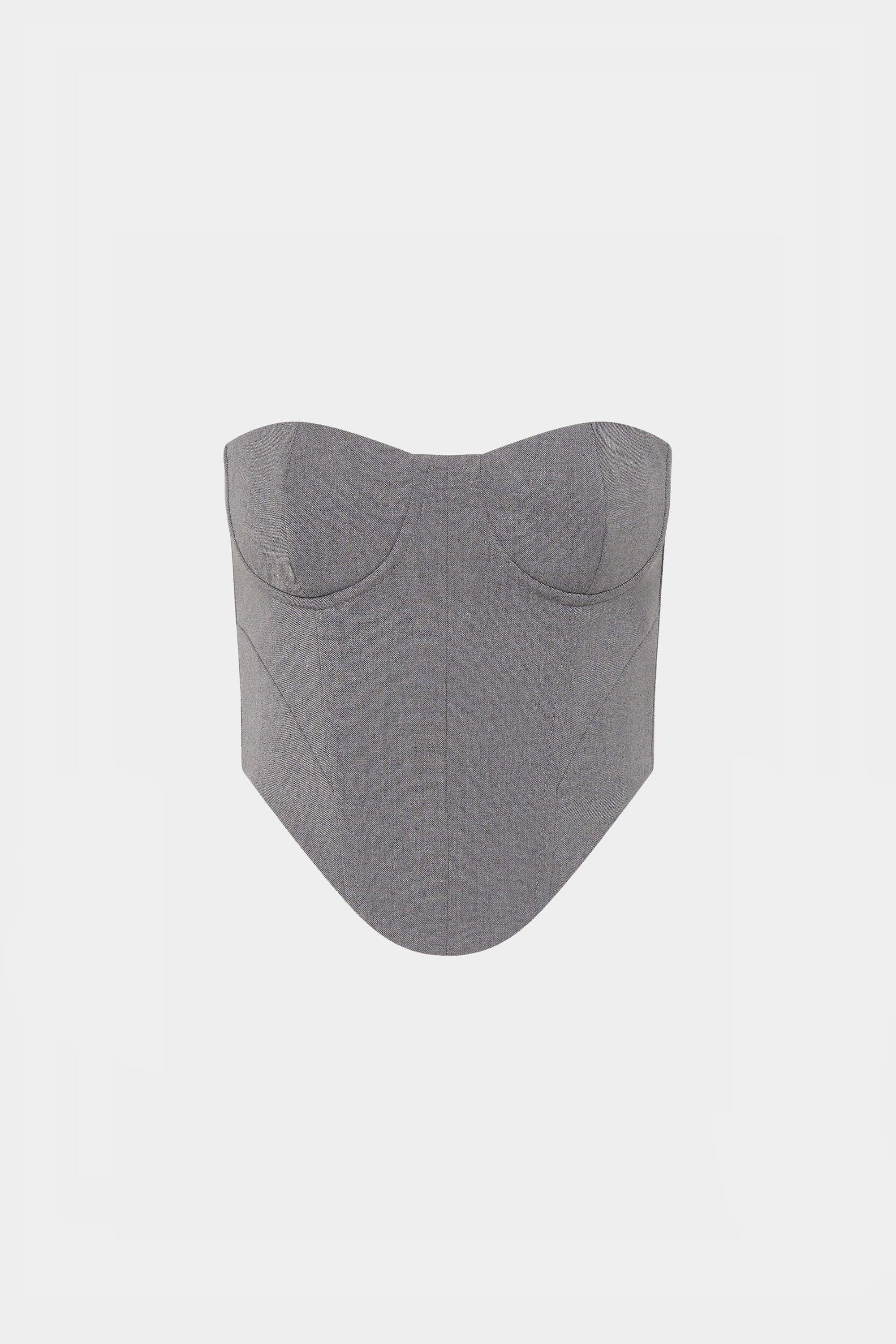 Grey suiting bustier with strapless sweetheart neckline, structured corset seams