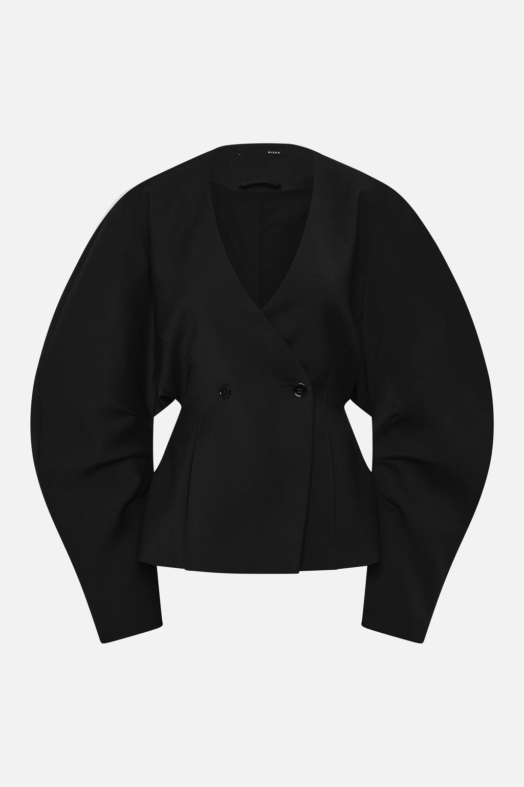 Black cropped blazer front with V-neck and double-breasted two-button detail