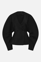 Black cropped blazer front with V-neck and double-breasted two-button detail