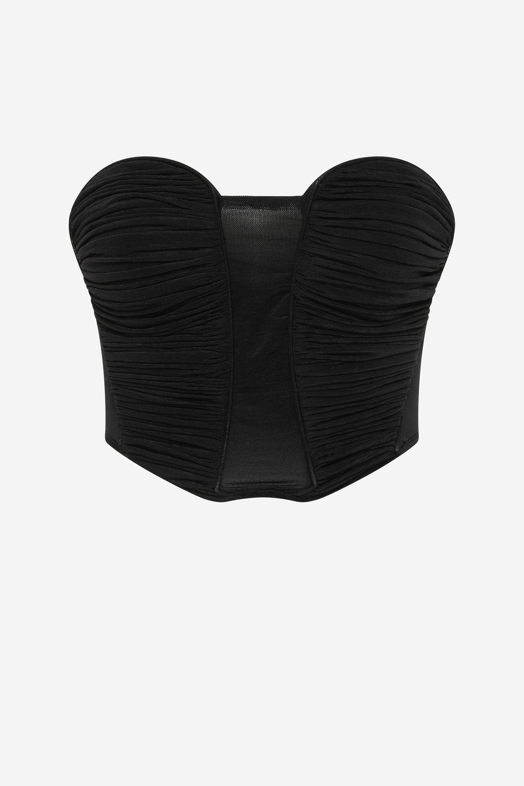 Black corset-style strapless jersey top bodice with ruched side panels