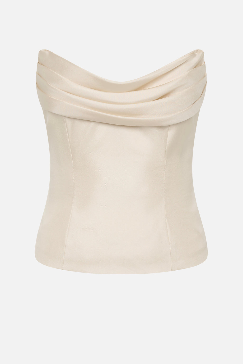 Pearled ivory silk bustier with off-shoulder draped cowl neckline