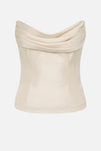Pearled ivory silk bustier with off-shoulder draped cowl neckline