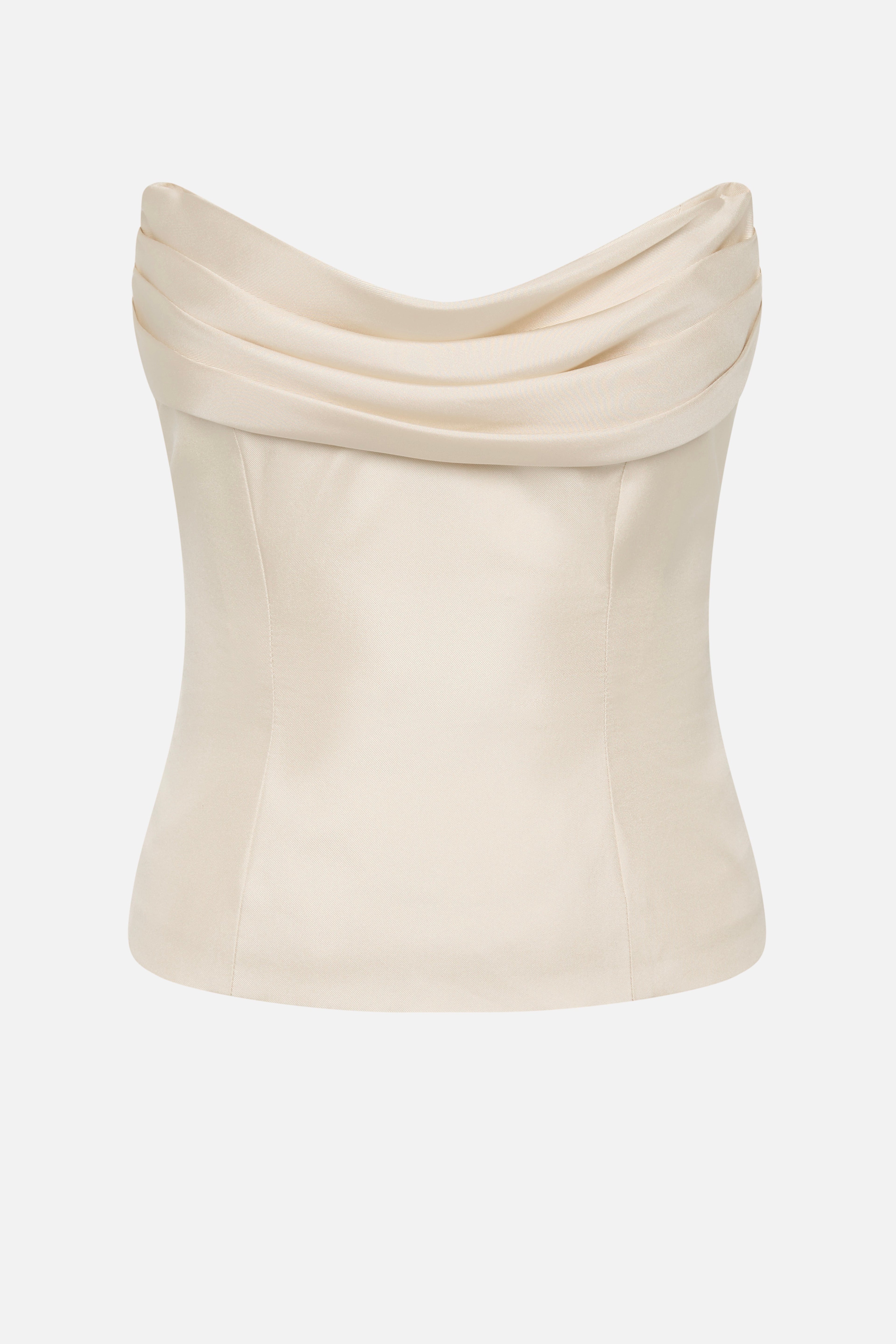 Pearled ivory silk bustier with off-shoulder draped cowl neckline