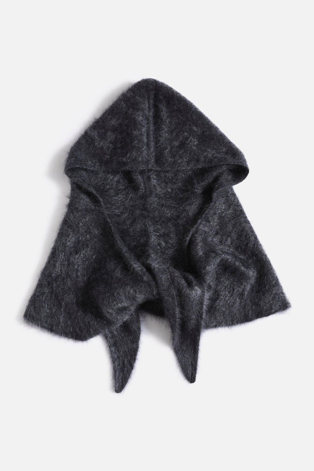Dark charcoal cashmere hood with draped neckline and pointed ends