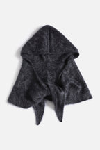 Dark charcoal cashmere hood with draped neckline and pointed ends