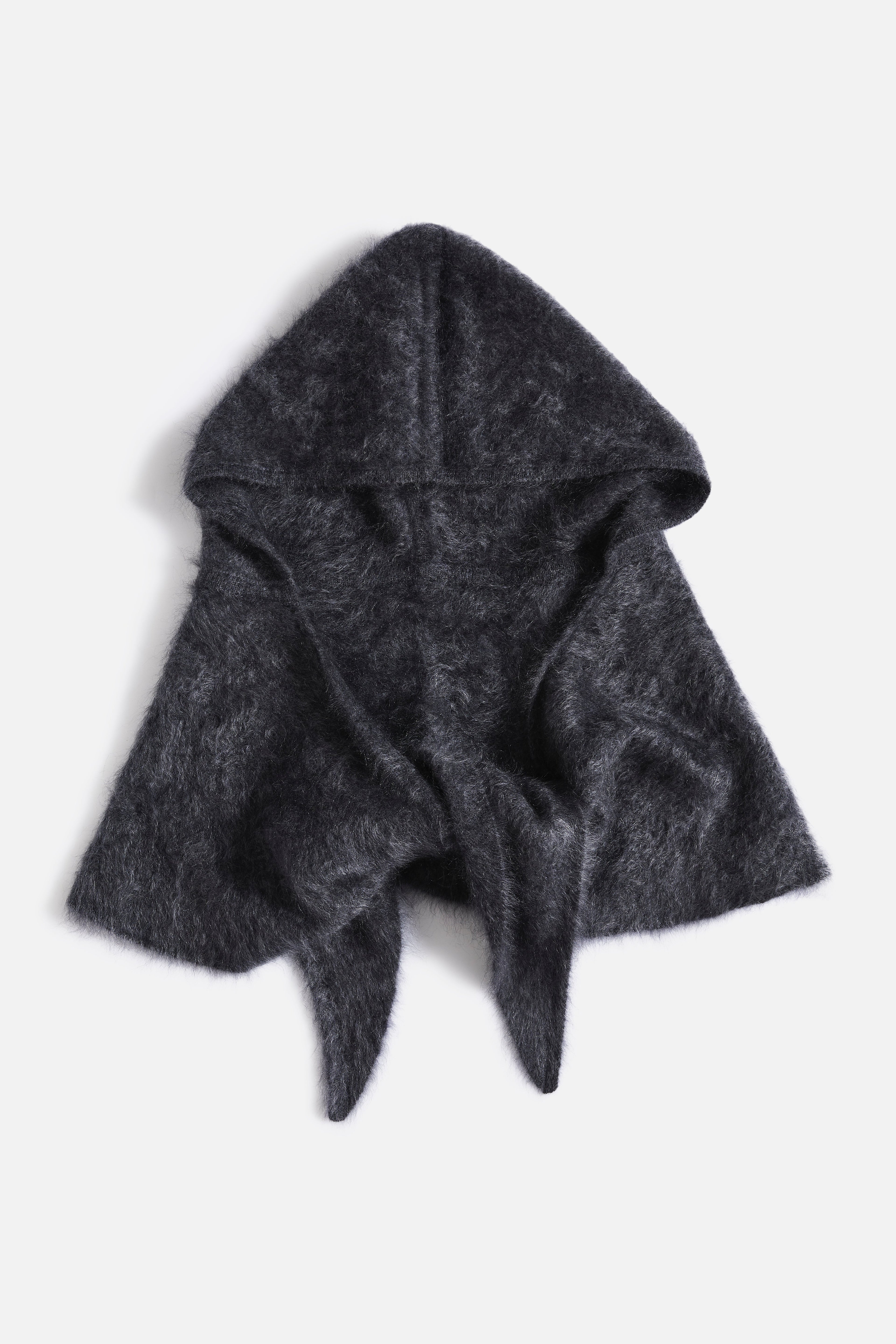 Dark charcoal cashmere hood with draped neckline and pointed ends
