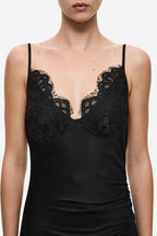Black lace trim jersey dress with spaghetti straps and plunge neckline