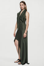 Hunter green satin halter mini dress with draped waist and asymmetrical hem