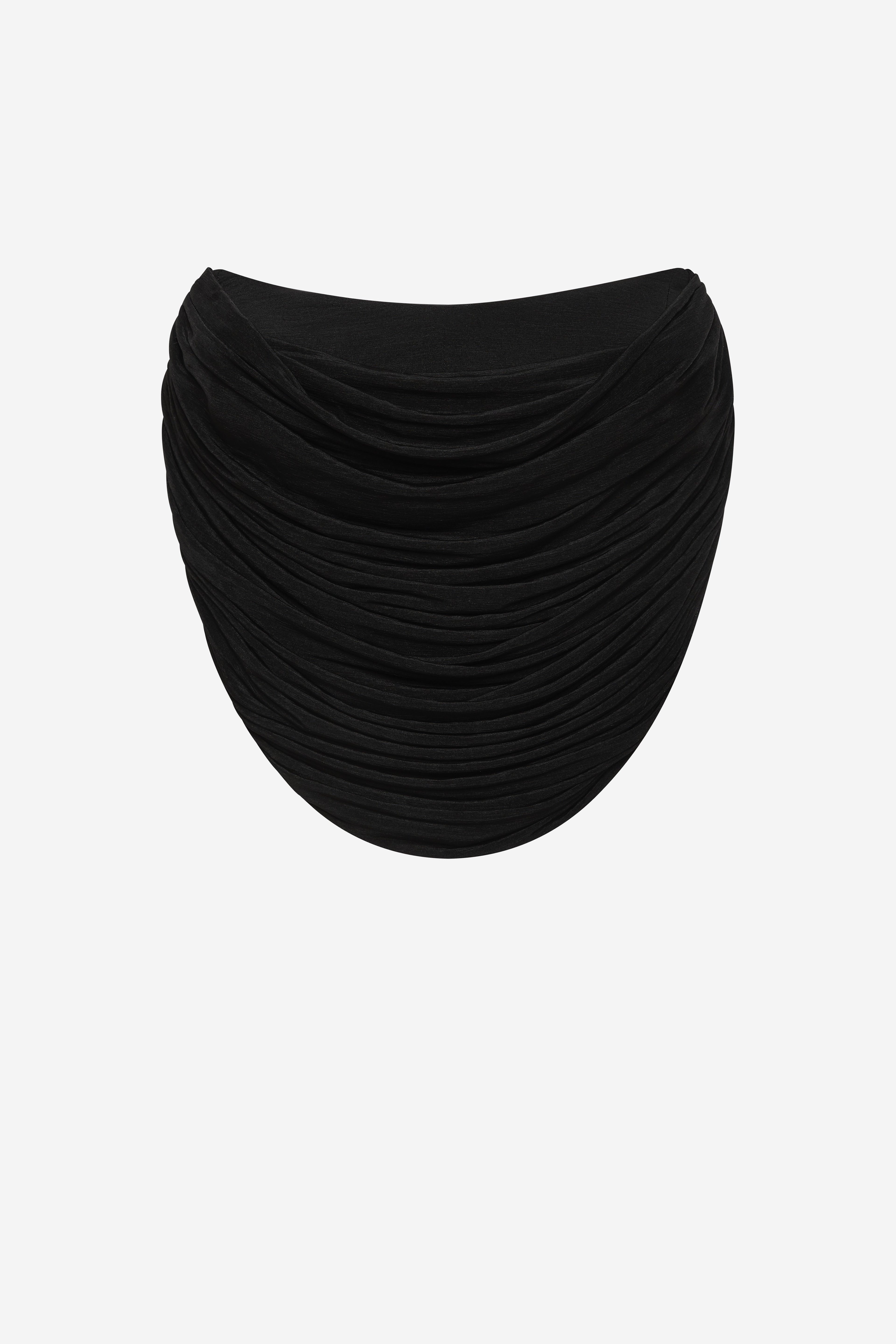 Black draped bustier neckline detail, gathered jersey fabric